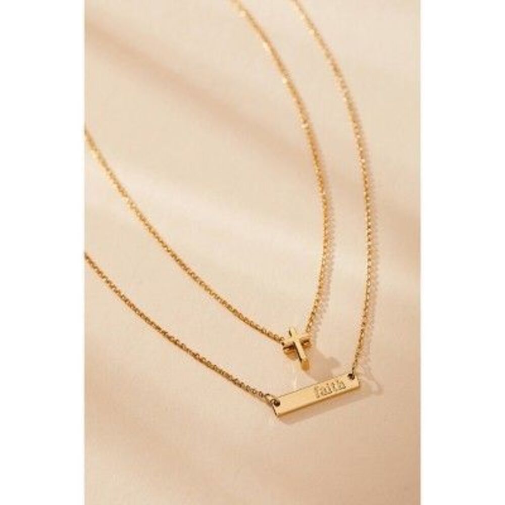Open Box - Tiny Tags -  14K Gold Ion Plated Faith Bar and Cross  Gold